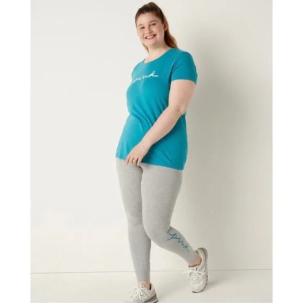 Victoria's Secret PINK Women's Everyday T-Shirt Teal Gradient Script Logo M NWT